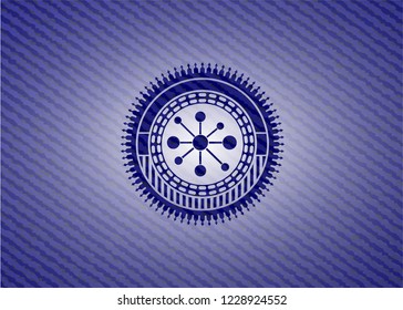 business network icon inside badge with denim background