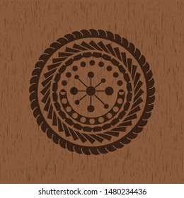 business network icon inside badge with wood background