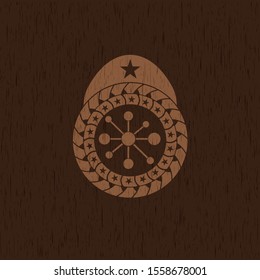 business network icon inside badge with wood background
