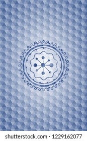 business network icon inside blue badge with geometric pattern.