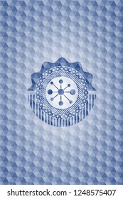 business network icon inside blue emblem or badge with geometric pattern background.