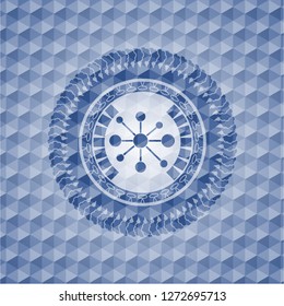 business network icon inside blue badge with geometric pattern.