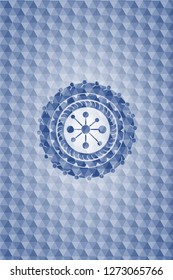 business network icon inside blue emblem with geometric background.
