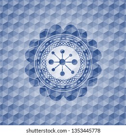 business network icon inside blue emblem or badge with abstract geometric polygonal pattern background.