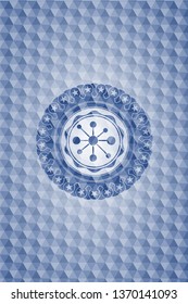 business network icon inside blue badge with geometric pattern.