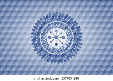 business network icon inside blue badge with geometric pattern background.