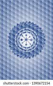 business network icon inside blue emblem with geometric background.