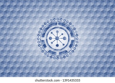 business network icon inside blue badge with geometric pattern.
