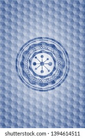 business network icon inside blue badge with geometric background.