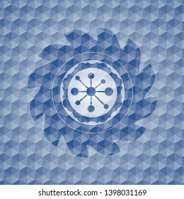 business network icon inside blue emblem or badge with abstract geometric polygonal pattern background.