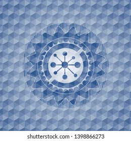 business network icon inside blue polygonal emblem.