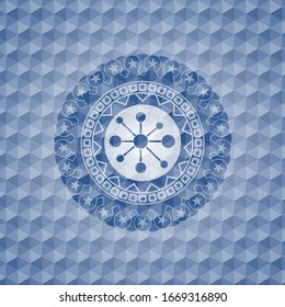 business network icon inside blue badge with geometric pattern.