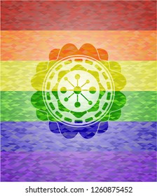 business network icon inside emblem on mosaic background with the colors of the LGBT flag