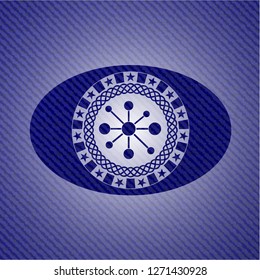 business network icon inside emblem with denim texture