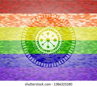 business network icon inside emblem on mosaic background with the colors of the LGBT flag