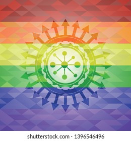 business network icon inside emblem on mosaic background with the colors of the LGBT flag