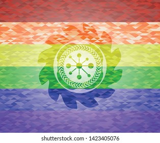 business network icon inside emblem on mosaic background with the colors of the LGBT flag