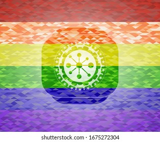 icono de la red empresarial dentro del emblema sobre fondo de mosaico con los colores de la bandera LGBT