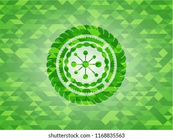 business network icon inside green emblem with mosaic ecological style background
