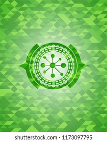 business network icon inside green emblem with mosaic background