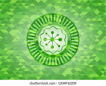 business network icon inside green emblem. Mosaic background