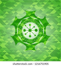 business network icon inside green emblem with mosaic background