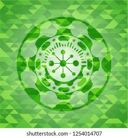 business network icon inside green emblem with triangle mosaic background