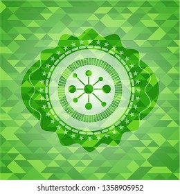 business network icon inside green emblem with triangle mosaic background