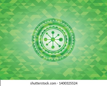 business network icon inside green emblem. Mosaic background