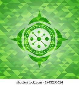 business network icon inside green emblem with triangle mosaic background. 