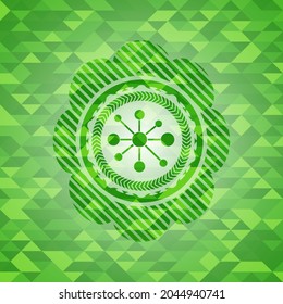 business network icon inside green emblem with mosaic ecological style background. 