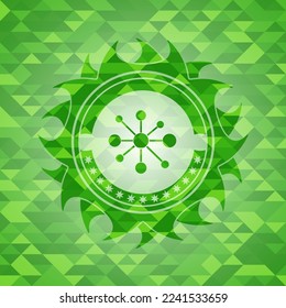 business network icon inside green emblem with mosaic ecological style background. 
