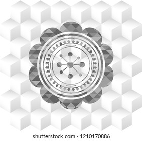 business network icon inside grey emblem with cube white background