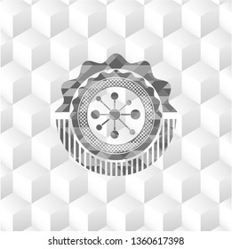 business network icon inside grey icon or emblem with geometric cube white background