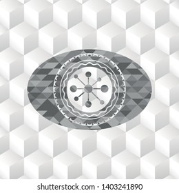 business network icon inside grey emblem with cube white background
