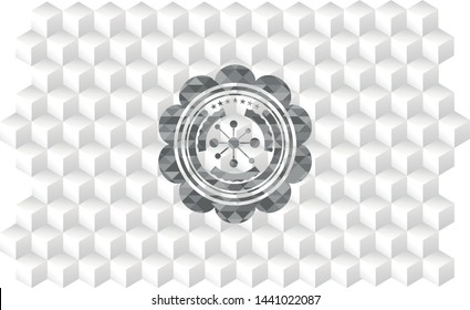 business network icon inside grey icon or emblem with geometric cube white background