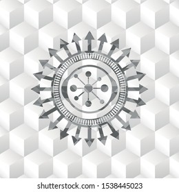 business network icon inside grey emblem with cube white background