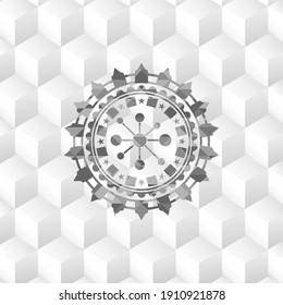 Business-Netzwerk-Symbol in grauem Abzeichen mit geometrischem Würfel weißem Hintergrund. 