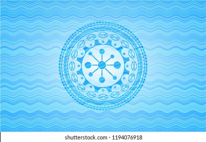 business network icon inside light blue water wave badge background.
