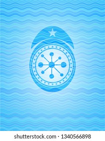 business network icon inside light blue water wave badge background.
