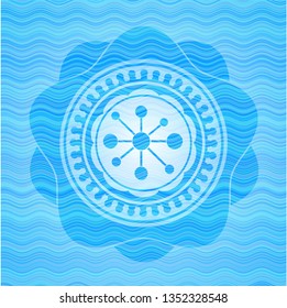 business network icon inside light blue water wave style badge.