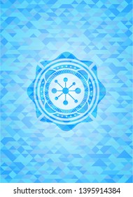 business network icon inside light blue emblem with mosaic background