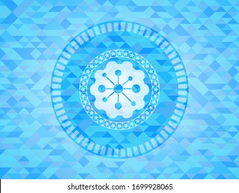 business network icon inside light blue emblem. Mosaic background