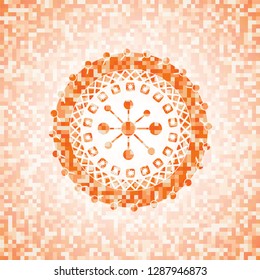 business network icon inside orange tile background illustration. Square geometric mosaic seamless pattern with emblem inside.