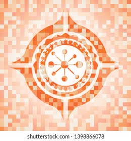 business network icon inside orange tile background illustration. Square geometric mosaic seamless pattern with emblem inside.