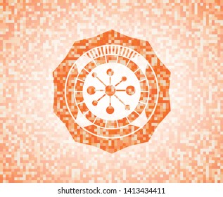business network icon inside orange tile background illustration. Square geometric mosaic seamless pattern with emblem inside.