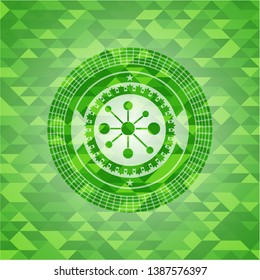 business network icon inside realistic green emblem. Mosaic background
