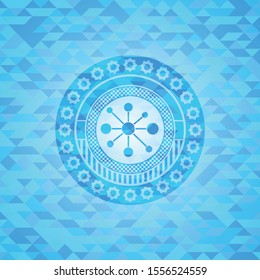 business network icon inside realistic sky blue emblem. Mosaic background