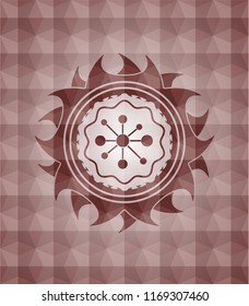 business network icon inside red emblem or badge with abstract geometric polygonal pattern background. Seamless.