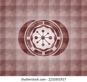 business network icon inside red badge with geometric pattern. Seamless.